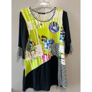 Lior Paris Asymmetrical Patchwork Stripes Artsy lagenlook Tunic top Sz-S-M